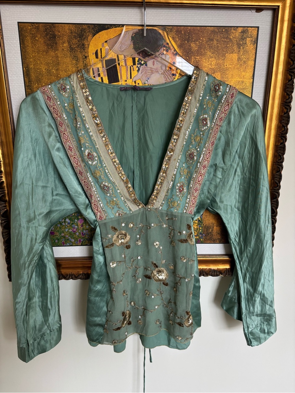 Vintage 90s Hale Bob green embroidered BoHo top